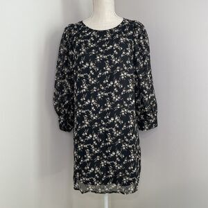 NWT Aakaa Floral Swiss Dot 3/4 Ballon Sleeve Sheer Lined Shift Dress S Gothic